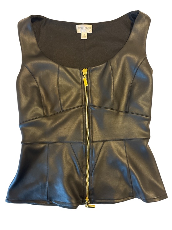 Bisou Bisou Tops - Bisou Bisou Black Faux Leather Peplum Top with Gold Zip